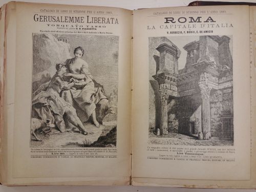 Dicembre 1888: due pubblicità tratte dal Catalogo di libri di strenne, il supplemento al «Giornale della libreria» del mese.