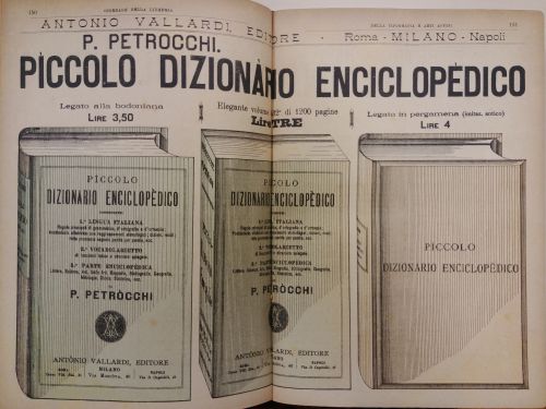 Aprile 1895: la pubblicità del Piccolo dizionario enciclopedico di Policarpo Petrocchi, pubblicato da Antonio Vallardi Editore.