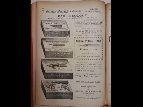 Ottobre 1896: la pubblicità di alcune penne destinate alla scuola, commercializzate da G. Battista Messaggi.