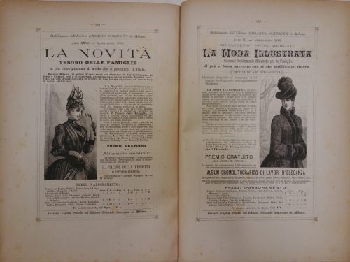 Dicembre 1888: le pubblicità di due periodici dedicati alla moda della casa editrice Edoardo Sonzogno.