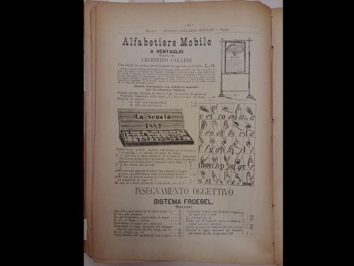 Settembre 1889: la pubblicità dell’Alfabetiere mobile a ventaglio pubblicato da Antonio Vallardi Editore.