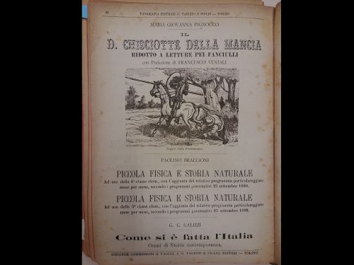 Settembre 1889: la pubblicità de Il Don Chisciotte della Mancha ridotto a letture pei fanciulli pubblicato dalla Tipografia Editrice G. Tarizzo e figlio.