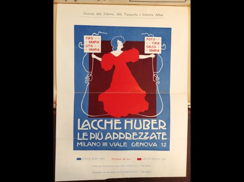 Marzo 1903: una pubblicità a colori della ditta Huber, inserita come inserto su carta patinata. La milanese Huber era specializzata nella produzione di materiale come lacche e vernici.