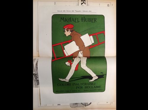 Luglio 1903: una pubblicità a colori dei prodotti della ditta Huber, inserita come inserto su carta patinata. La milanese Huber era specializzata nella produzione di materiale come lacche e vernici.