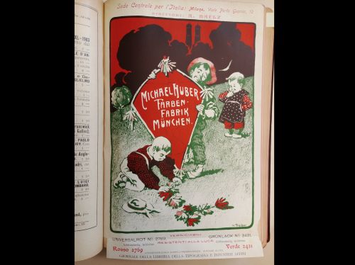 Giugno 1904: una pubblicità a colori dei prodotti della ditta Huber, inserita come inserto su carta patinata. La milanese Huber era specializzata nella produzione di materiale come lacche e vernici.