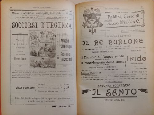 Febbraio 1905: a sinistra la pubblicità di un libro pubblicato da Antonio Vallardi Editore sulle tecniche di soccorso, a destra le pubblicità di alcuni libri di Baldini e Castoldi.