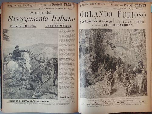 Dicembre 1898: la pubblicità dell’Orlando furioso di Ludovico Ariosto e della Storia del Risorgimento italiano, pubblicati dalla casa editrice Fratelli Treves.