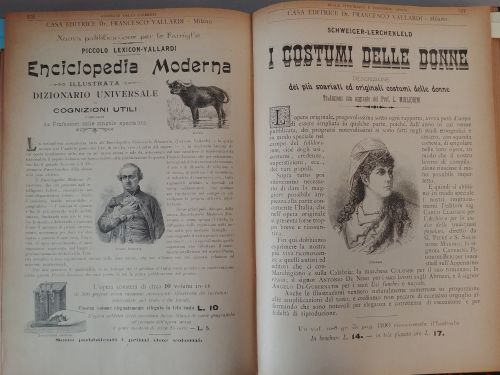 Dicembre 1898: le pubblicità di due libri di natura enciclopedico-didascalica pubblicati da Francesco Vallardi Editore.