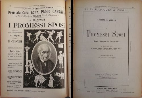 1899: due pubblicità de I promessi sposi a confronto. A sinistra l’edizione pubblicata dalla casa editrice Paolo Carrara, a destra l’edizione di G. B. Paravia e comp.