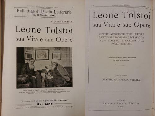 Maggio 1906: Pubblicità per la prossima uscita di “Leone Tolstoi. Sua vita e sue opere”. Il materiale, qui raccolto da Paolo Biriucòf per l’editore Treves, nasce dalla trilogia di romanzi autobiografici di Lev Tolstoj.
