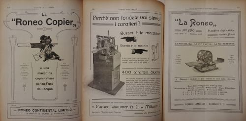 Ottobre e novembre 1908: alcune pubblicità che mostrano l’avanzamento tecnologico di questi anni, nel caso di Roneo si tratta di prodotti al servizio non più soltanto delle imprese tipografiche o editoriali, ma anche di altre tipologie di aziende.