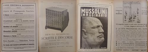 1931-33: Alcune pubblicità delle molte pubblicazioni di questi anni, in linea con la propaganda e le idee del regime fascista, spesso attorno alla mitizzazione del Duce.