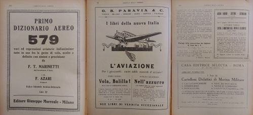 1929: Alcune pubblicazioni dedicate al tema dell’aviazione e della marina, dedicati ad adulti e bambini. Tra questi, anche cartelloni istruttivi sulla marina militare come materiale di adozione obbligatorio nelle scuole.