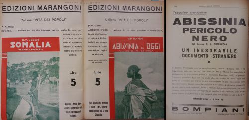 1935-36: Alcune pubblicazioni sul tema del colonialismo dell’Africa orientale, in alcuni casi si tratta di titoli d’attualità in altri di titoli smaccatamente propagandistici nei confronti della campagna di guerra intrapresa.
