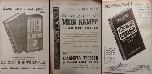 1939-42: Pubblicità di alcune pubblicazioni a firma di Hitler o di propaganda dell’alleato regime nazista.